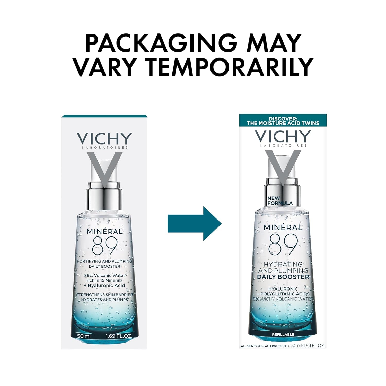 Vichy Mineral 89 Booster, Pure Hyaluronic Acid Serum for Face with Polyglutamic Acid for Skin Barrier Repair, Plumps & Hydrates, Lightweight Hydrating Serum, Oil-Free, Non-Sticky