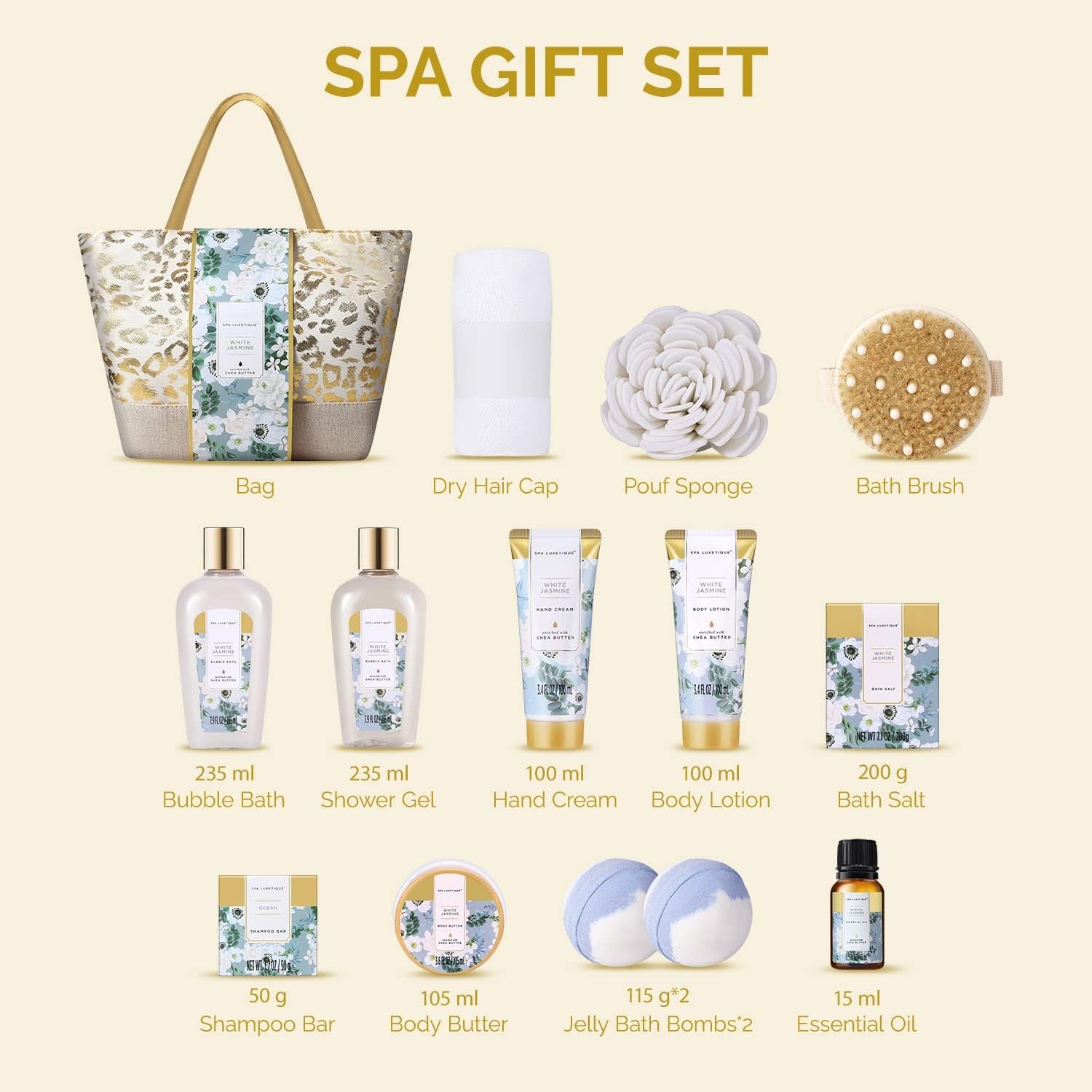 White Jasmine 15Pc Spa Gift Baskets Gifts for Women