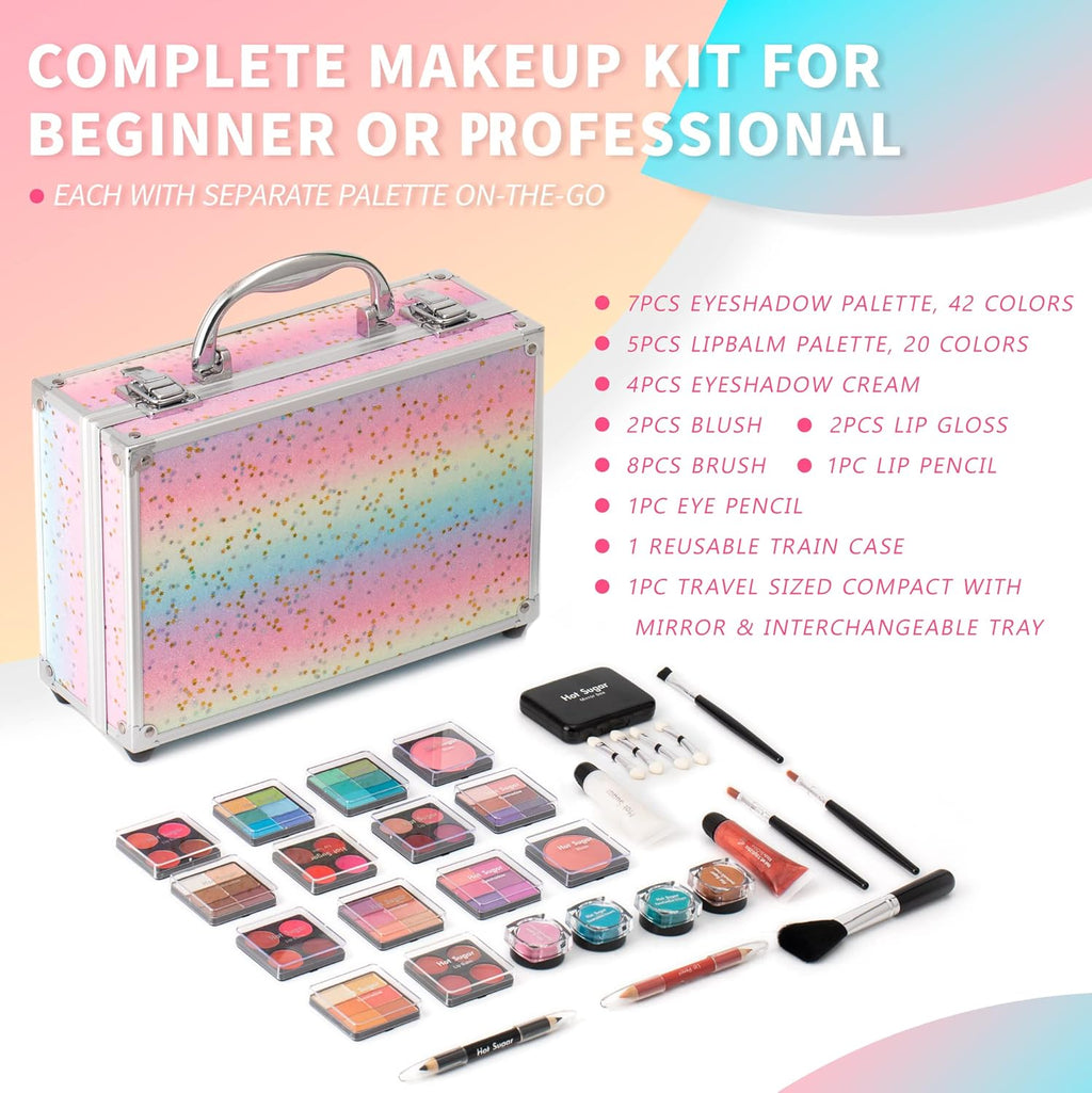 Makeup Kit for Teenager Girls Starter Cosmetics Set (Rainbow) | Ideal Beginner Beauty Gift Set with Eyeshadow, Lip Balm, Blush, Lip Gloss, Brush, Lip & Eye Pencils and Mirror.
