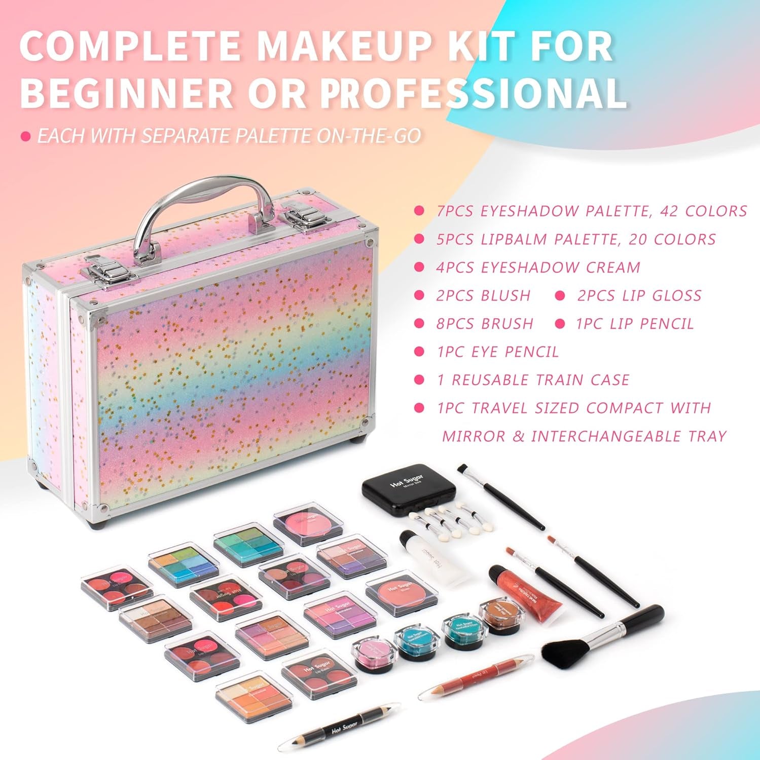 Makeup Kit for Teenager Girls Starter Cosmetics Set (Rainbow) | Ideal Beginner Beauty Gift Set with Eyeshadow, Lip Balm, Blush, Lip Gloss, Brush, Lip & Eye Pencils and Mirror.